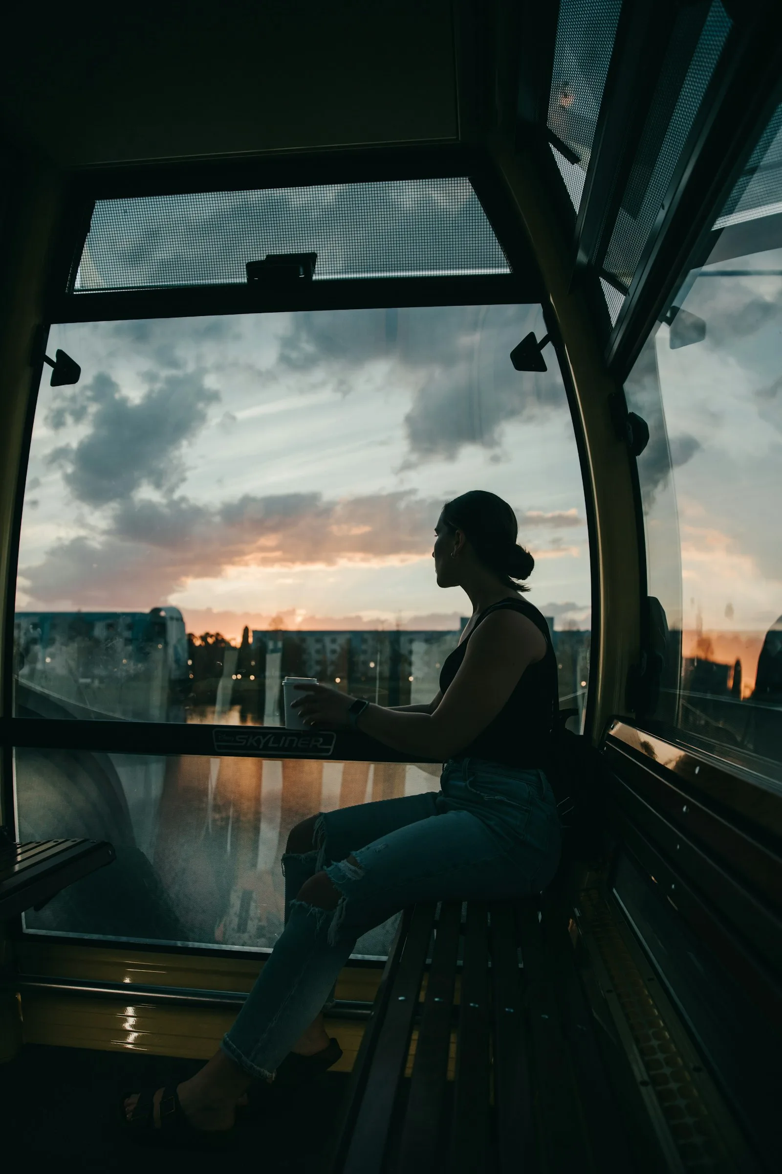 Silhouetted in a cabin window above a lake